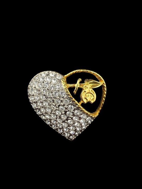 Butler Jewelry - Vintage Butler Pave Heart Brooch With Gold-Tone Rose Detail And Rhinestones